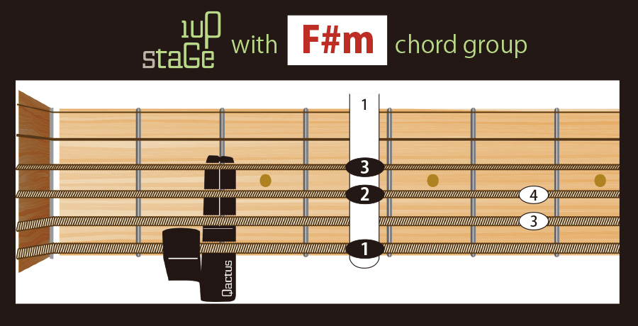 ギター挫折者をゼロにする新発明 Qactus STARTERS KIT カクタス・スターターズキット 1upStage 1アップ・ステージ ダイアグラム コードフォーム F#m