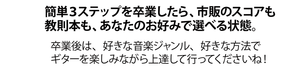 簡単３ステップを卒業したら、市販のスコアも教則本も、あなたのお好みで選べる状態。Qactus-カクタス卒業後は、好きな音楽ジャンル、好きな方法でギターを楽しみながら上達して行ってくださいね！