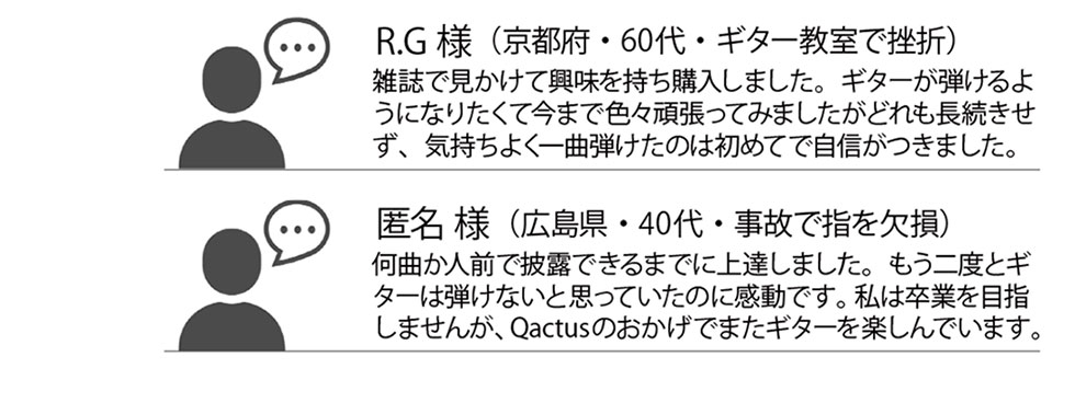 初めてギターに触った大勢の方が「弾ける感動」を体験しています。Qactus-カクタスユーザーの皆様から寄せられる声の一部をご紹介します。